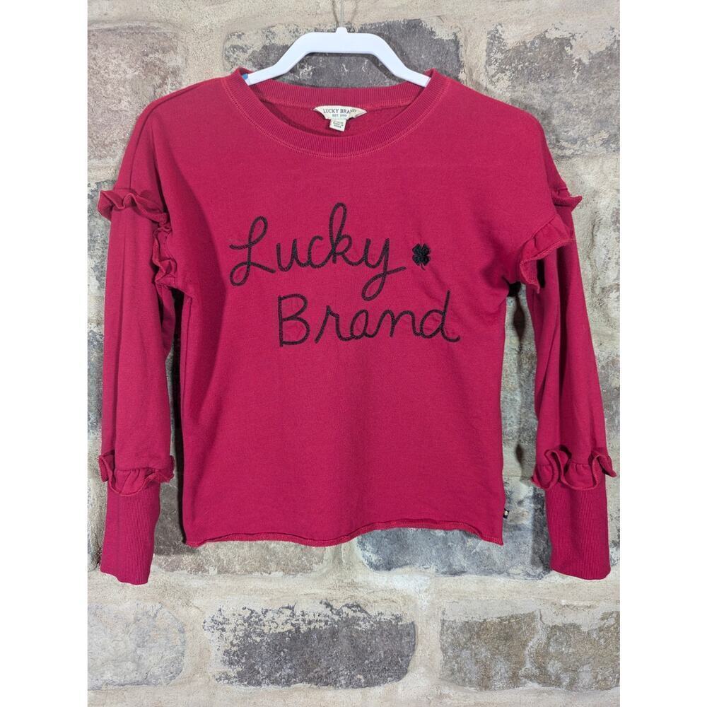 Lucky Brand Sweatshirt Ruffle Pink Black‎ Embroidered Girl's Size Large Cute
